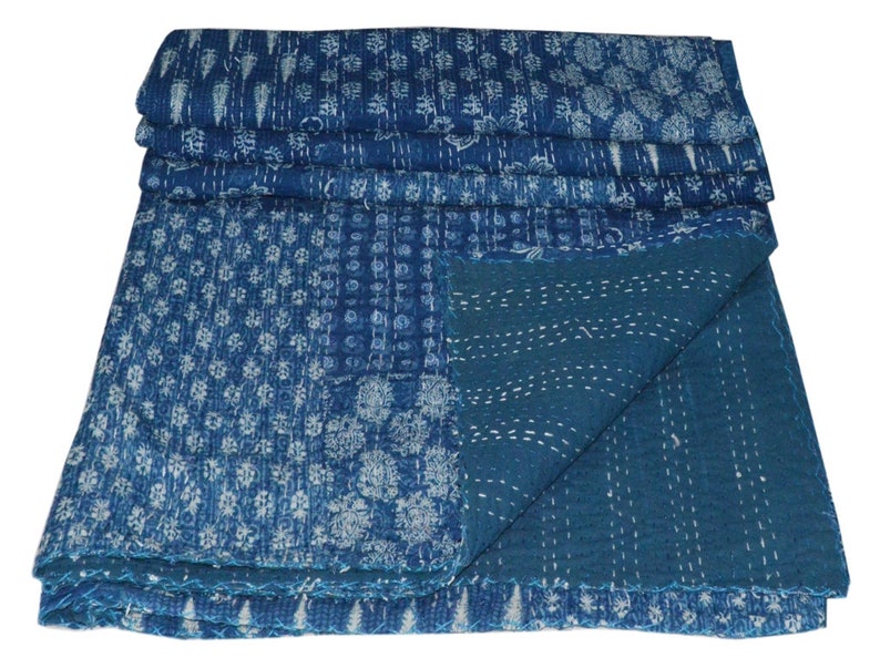 Indian Handmade Indigo Blue Patchwork Cotton Kantha Throw | Etsy