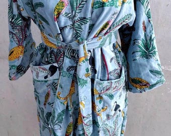 Turquoise Jungle Print Velvet Kimono Robe: Indian Morning Coat