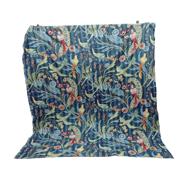 Indian Kantha Quilt Blue Floral Handmade Bedspread Twin/Queen/King Kantha Cotton Kantha Quilt Bedding Bedspread Gudari