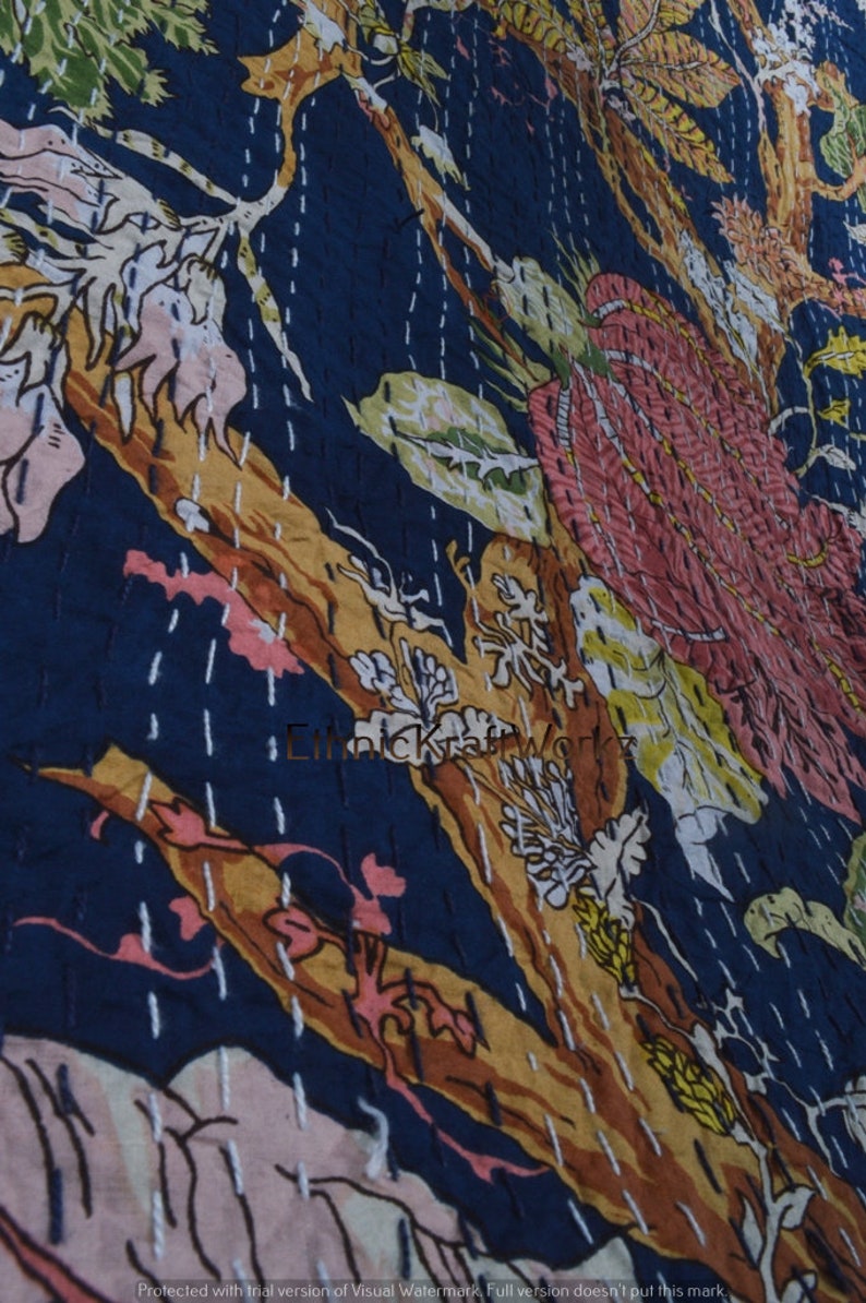 Handblock Blommigt indiskt Kantha-täcke Kantha-täcke Blå bas Blått Kantha-täcke Kantha-överkast Bomullsfilt Gudari bild 7