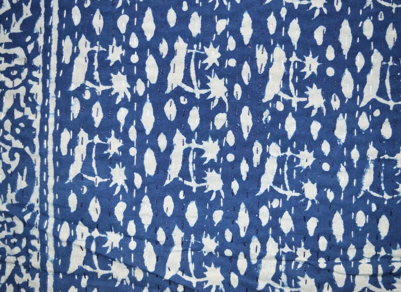 Indian Indigo Bedcover Twin Handmade Hand Block Print Quilt Indigo Print Kantha Bedcover Reversible Kantha Blue Throw Quilt