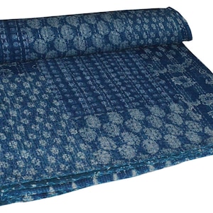 Manta de algodón Kantha con patchwork azul índigo indio, colcha, edredón indio