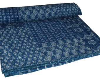 Indian Handmade Indigo Blue Patchwork Cotton Kantha Throw Blanket Bedspread Throw Handmade Quilt