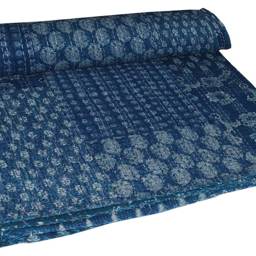 Indian Kantha Quilt Blue Floral Handmade Bedspread Queen Etsy