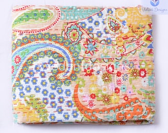 Edredón indio Kantha con estampado de cachemira, colcha Kantha de algodón, tamaño individual, Gudari