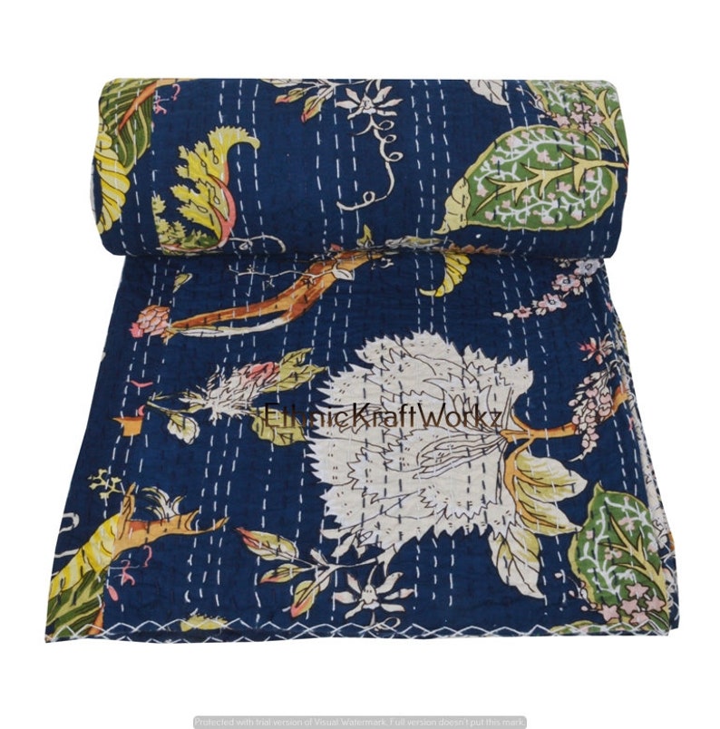 Handblock Blommigt indiskt Kantha-täcke Kantha-täcke Blå bas Blått Kantha-täcke Kantha-överkast Bomullsfilt Gudari bild 4