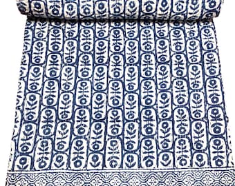 Edredón Kantha con estampado de color azul en bloque hecho a mano, edredón indio Kantha, colcha Kantha, manta Kantha Gudari, funda de cama tamaño queen y twin, tamaño king Kantha.
