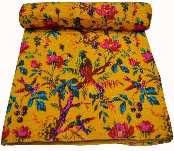Couette Indienne Kantha Fait Main, Taille Queen, Motif Floral Imprimé – Couvre-lit 100% Coton