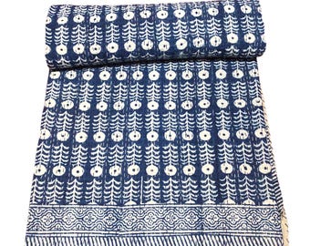 Edredón Kantha con estampado de color azul en bloque hecho a mano, edredón indio Kantha, colcha Kantha, manta Kantha Gudari, funda de cama tamaño queen y twin, tamaño king Kantha.