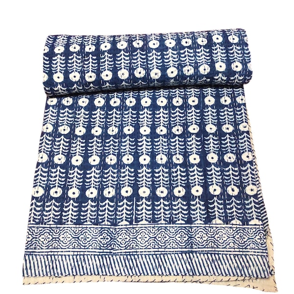 Hand block Blue Color Print Kantha Quilt Indian Kantha quilt Kantha Bedspread Kantha Blanket Gudari Queen And Twin,King Kantha BedCover