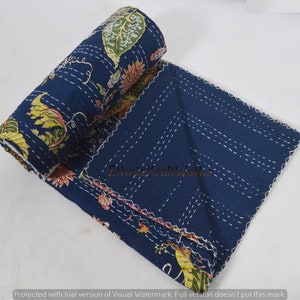 Handblock Blommigt indiskt Kantha-täcke Kantha-täcke Blå bas Blått Kantha-täcke Kantha-överkast Bomullsfilt Gudari bild 2
