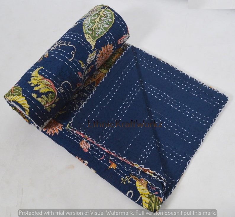 Handblock Blommigt indiskt Kantha-täcke Kantha-täcke Blå bas Blått Kantha-täcke Kantha-överkast Bomullsfilt Gudari bild 2