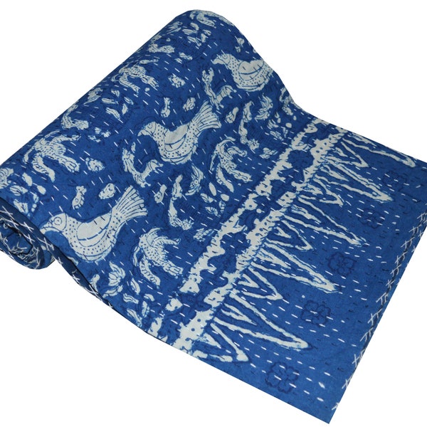 Indische Kantha Quilts Handgenähte Quilt, 100% indische Baumwolle, Boho Boho Block gedruckt, Indigo blaue Bettdecke Doppelgröße, Vogel-Druck