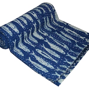 Indian  Twin Cotton Kantha Quilt Throw Blanket Bedspread Fish Print Kantha Bedding Kantha Coverlet