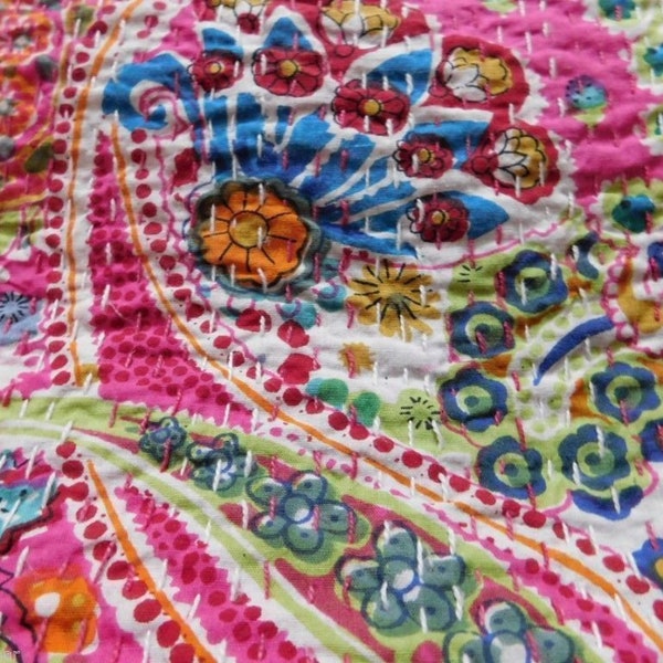 Indian Handmade Hand Stitched Paisley Twin Kantha Quilt Hand Stitched Kantha Throw Recycled blanket