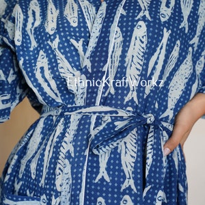 Bata de baño, 100 % algodón, estampado de peces con puntada Kantha india, kimono de algodón, bata, traje de baño, camisón, talla única.