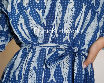 Peignoir de bain 100 % coton indien à points de kantha et imprimé poisson, kimono en coton, robe de chambre, maillot de bain, chemise de nuit taille unique.