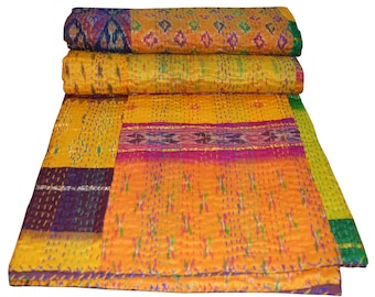 Trapunta Kantha patchwork in cotone, coperta Kantha patchwork con stampa a blocchi indiana colorata, copriletto singolo, coperta Kantha