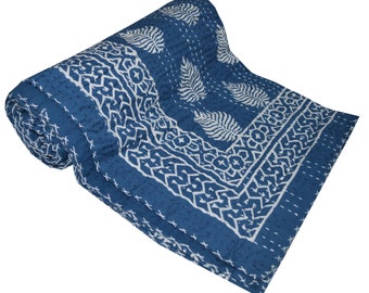 Twin Quilt Indigo Cotton Hand Block Printed Indian Kantha Quilt Bedspread Kantha Throw Kantha Bed Cover