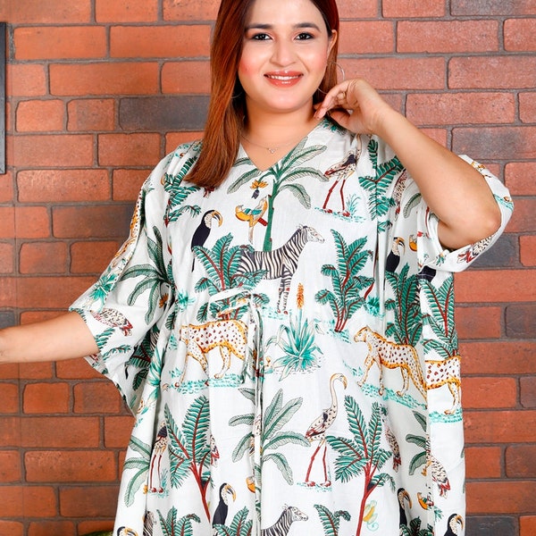 Indisches Kaftan-Kleid aus weicher Baumwolle, Animal-Print-Kaftan, Maxikleid, Nachtwäschekleid, Strandhülle, Umstandskleid für werdende Mütter