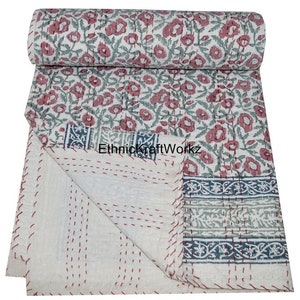 Indian Twin Floral Print Kantha Quilt Cotton Bedspread Quilts Blanket Throw Bedding Kantha Bedspread