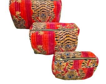 Indian Tibetan Tiger Toiletry Bag Unisex Makeup Bags Waterproof 3 Pcs Sets US Cotton Tiger Toiletry Bag Pouch Quilted Wash Bag