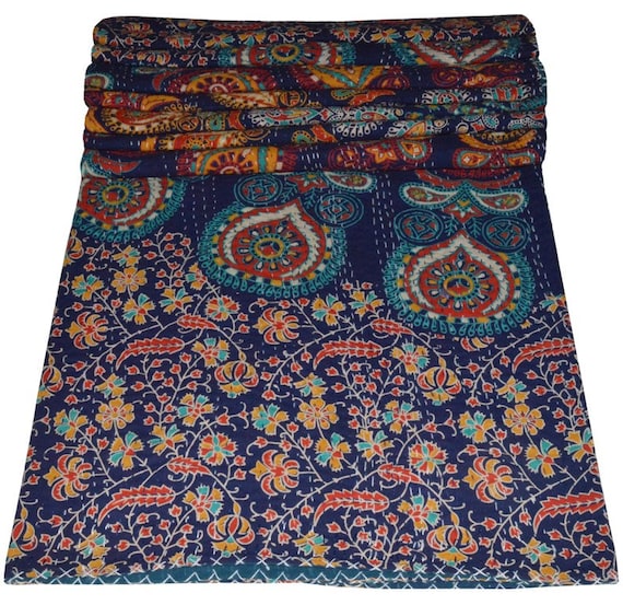 Indian Floral Print Queen Size Kantha Quilt Cotton Kantha Throw Blanket Kantha Bedspread Boho Kantha Quilt Gudari Quilt Art