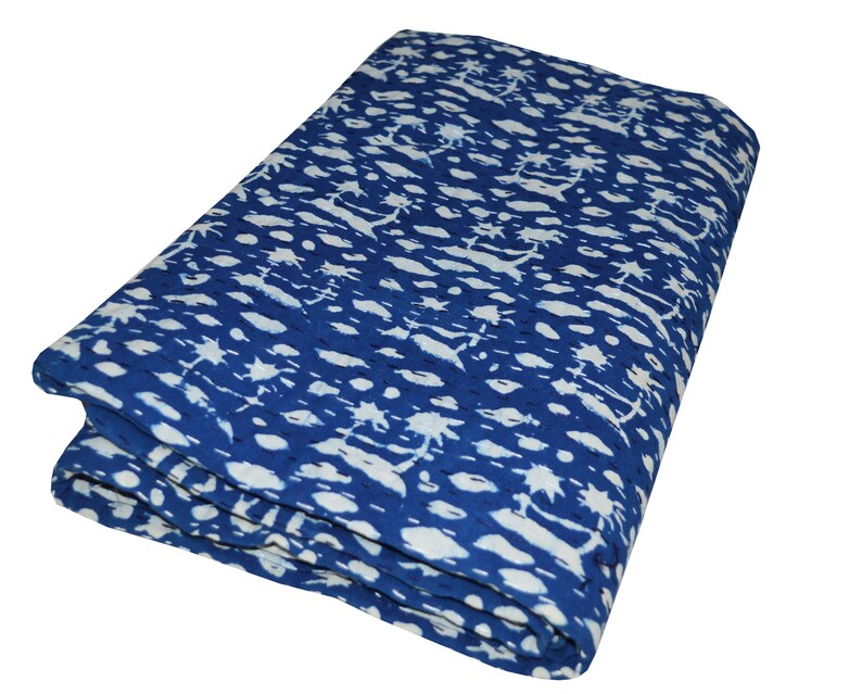 Indian Indigo Bedcover Twin Handmade Hand Block Print Quilt Indigo Print Kantha Bedcover Reversible Kantha Blue Throw Quilt
