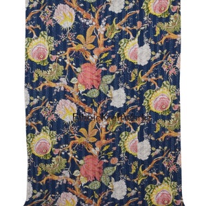 Handblock Blommigt indiskt Kantha-täcke Kantha-täcke Blå bas Blått Kantha-täcke Kantha-överkast Bomullsfilt Gudari bild 5