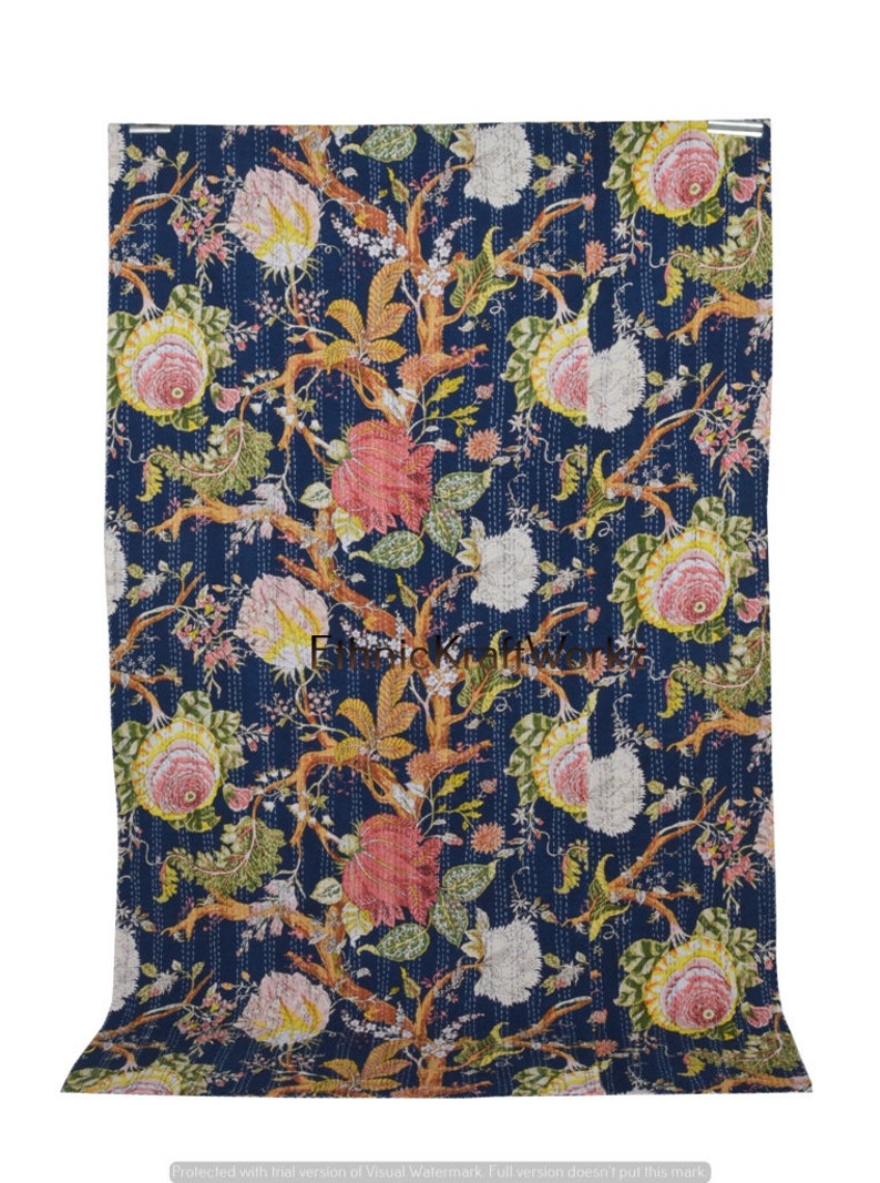 Handblock Blommigt indiskt Kantha-täcke Kantha-täcke Blå bas Blått Kantha-täcke Kantha-överkast Bomullsfilt Gudari bild 5