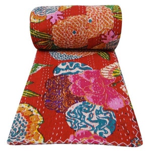 Indain Hand-Stitched Red floral Handmade Kantha Quilt Queen Kantha Throw Floral Cotton Blanket Gudari