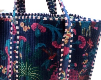 Tote bag Hand block Printed Floral prints India Cotton Shopping bag Colorful Multicolored Green Flowers tote bag