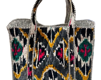 Bolsos de terciopelo, bolso de mercado de terciopelo de algodón ikat, bolso Jhola, bolso de mano acolchado de terciopelo de algodón, bolso hippie, bolso de fin de semana
