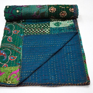 Vintage Indian Cotton Sari Patchwork Kantha Quilt Handmade Kantha Queen Size Bohemian Kantha Blanket Kantha Bedspread Sofa Decor Throw