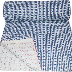 Indian Handmade Blue Ikat Print Kantha Quilt Throw Bedsheet Twin Size Bedspread Cotton Bedcover Handblock Blanket