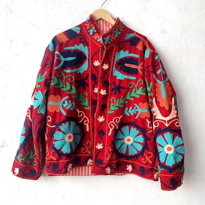 Suzani Embroidery Velvet Handmade Jacket Indian Style Jacket Floral Coat Inside Striped Jacket Bohemian Style, Gift