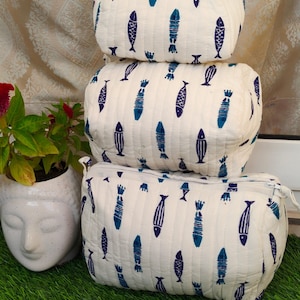 Schöne Fisch Hand Block Print Kosmetiktasche, Kosmetiktasche, Kulturtasche, 3-teiliges Set, Schminktasche, Geschenk für Sie