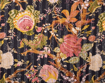Edredón kantha puro con estampado floral negro indio, edredón de algodón, ropa de cama, funda de cama Kantha