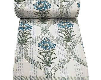 Indian Kantha Quilt Hand Block Floral Print Kantha Throw Indian Blanket Queen Bedspread Kantha Bed Cover Bohemian Quilt Queen Size Quilt