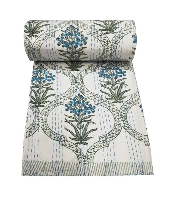 Indian Kantha Quilt Hand Block Floral Print Kantha Throw Indian Blanket Queen Bedspread Kantha Bed Cover Bohemian Quilt Queen Size Quilt