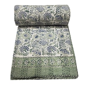 Indian Kantha Quilt Block Printed Kantha Blanket Cotton Kantha Bedspread Handmade Kantha Blue quilt Throw Indian print summer bedspreads