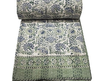 Indische Kantha-Steppdecke mit Blockdruck, Kantha-Decke, Baumwolle, Kantha-Tagesdecke, handgefertigte Kantha-Blaue Steppdecke, Überwurf, Sommer-Tagesdecken mit indischem Druck