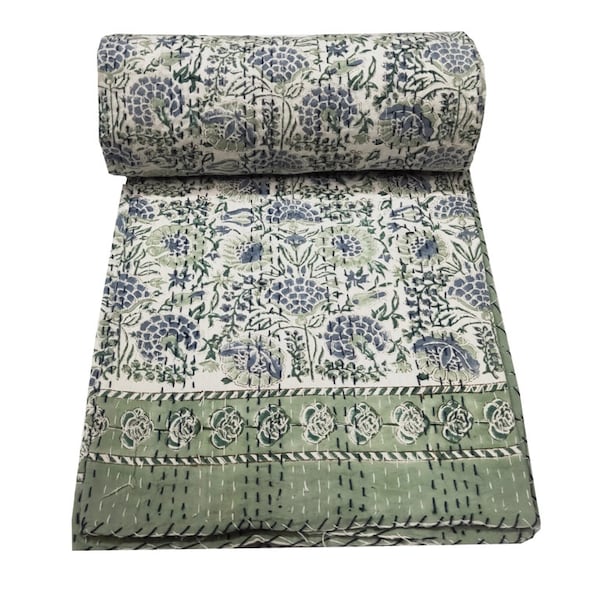 Couvre-lit en coton Kantha indien imprimé bloc de couette Kantha, couvre-lit en coton Kantha fait main, jeté de couette bleu Kantha, couvre-lits d'été imprimés indiens
