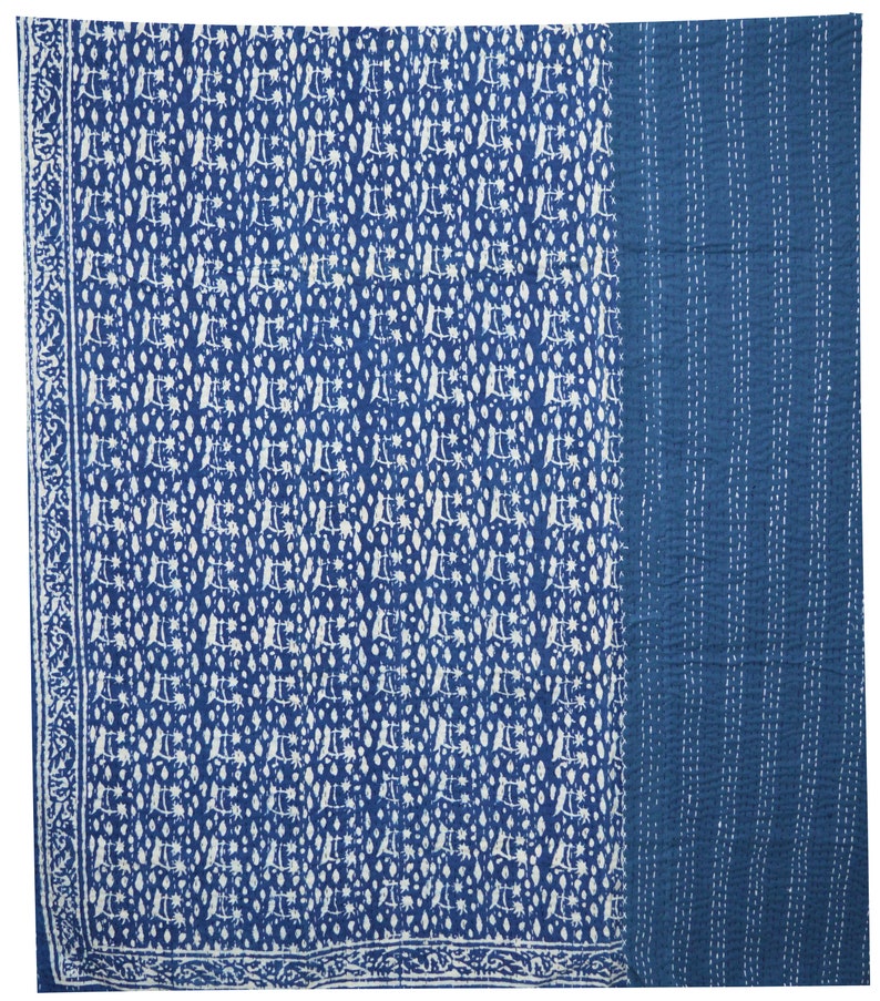 Indian Indigo Bedcover Twin Handmade Hand Block Print Quilt Indigo Print Kantha Bedcover Reversible Kantha Blue Throw Quilt