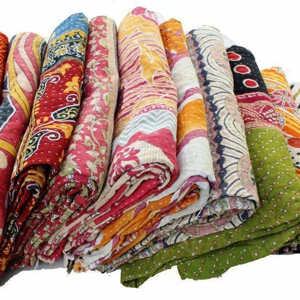 Vintgae Mix Lot of Indian Tribal Kantha Quilts ,Vintage Cotton Bed Cover Throw, Cotton Saree Assorted Patches Made Whole Sale Lot