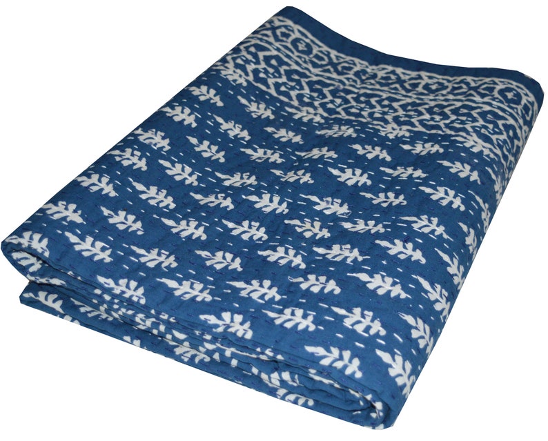 Indigo blue Coverlet Twin Size Bird Print Bohemian Boho Block Printed 100/% Indian Cotton Vintage Kantha quilts Hand Stitched Quilt