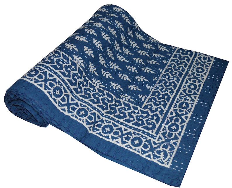 Indigo blue Coverlet Twin Size Bird Print Bohemian Boho Block Printed 100/% Indian Cotton Vintage Kantha quilts Hand Stitched Quilt