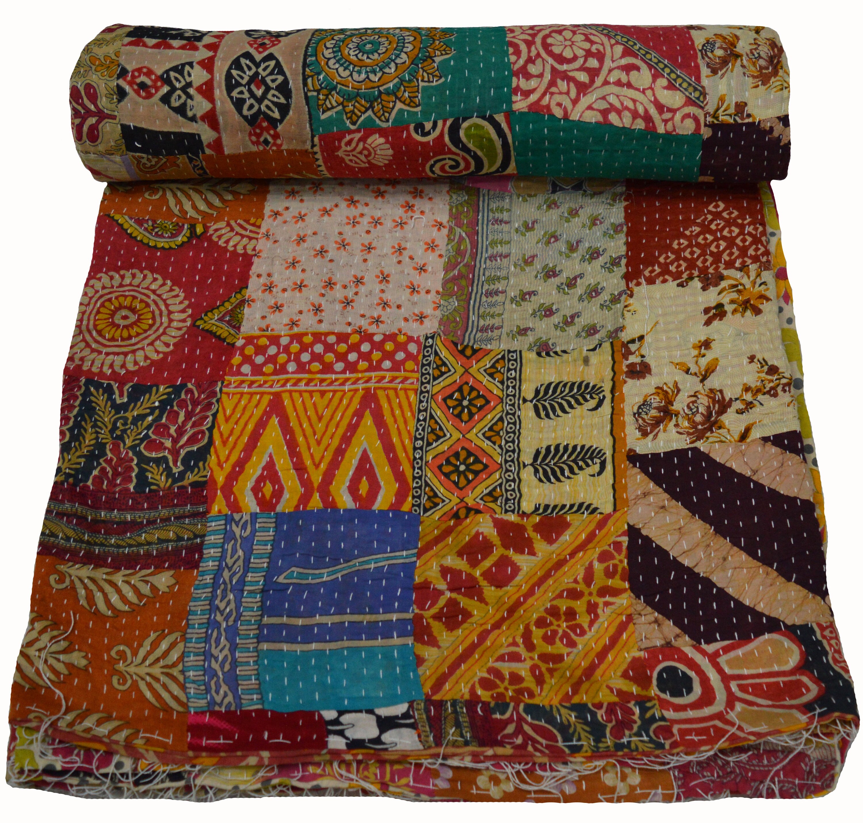 Vintage Patchwork Kantha Bedspread Indian Handmade Quilt Throw Cotton Blanket