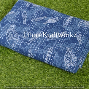 Indian Kantha Quilt Fish Print  Kantha Bedcover Throw Cotton Blanket Gudari Twin/Queen/ King  Size Kantha Quilt Bedding Bedcover