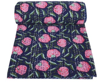 Indian Quilt floral Print Cotton Kantha Bedspread, Throw Blanket, Queen ,twin size,King Size, Bedding Boho kantha Blanket